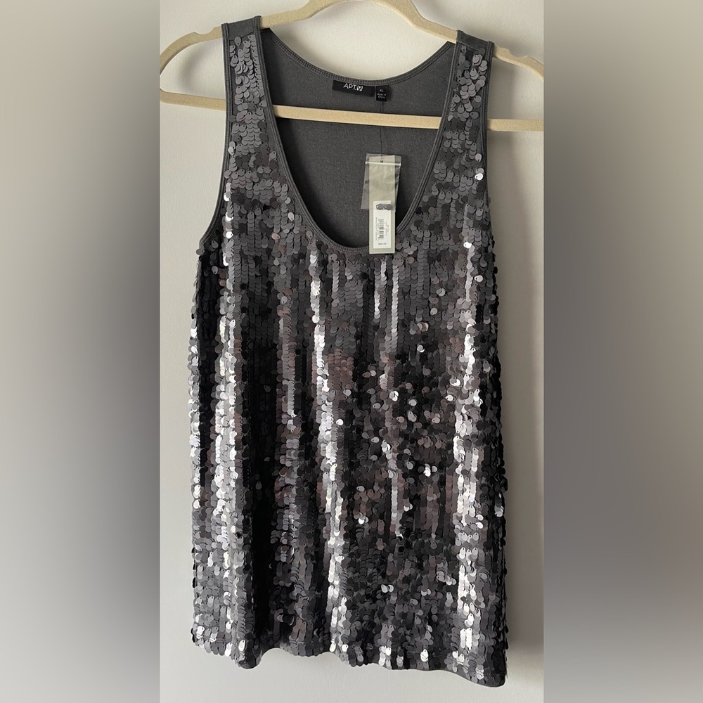 NWT! APT 9 KOHL'S RV $40 METALLIC SEQUIN FRONT TANK TOP IN STEEL GREY SIZE XL